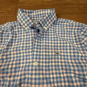 Vineyard Vines Boys Whale Shirt Performance Button Down Gingham Blue M 12/14